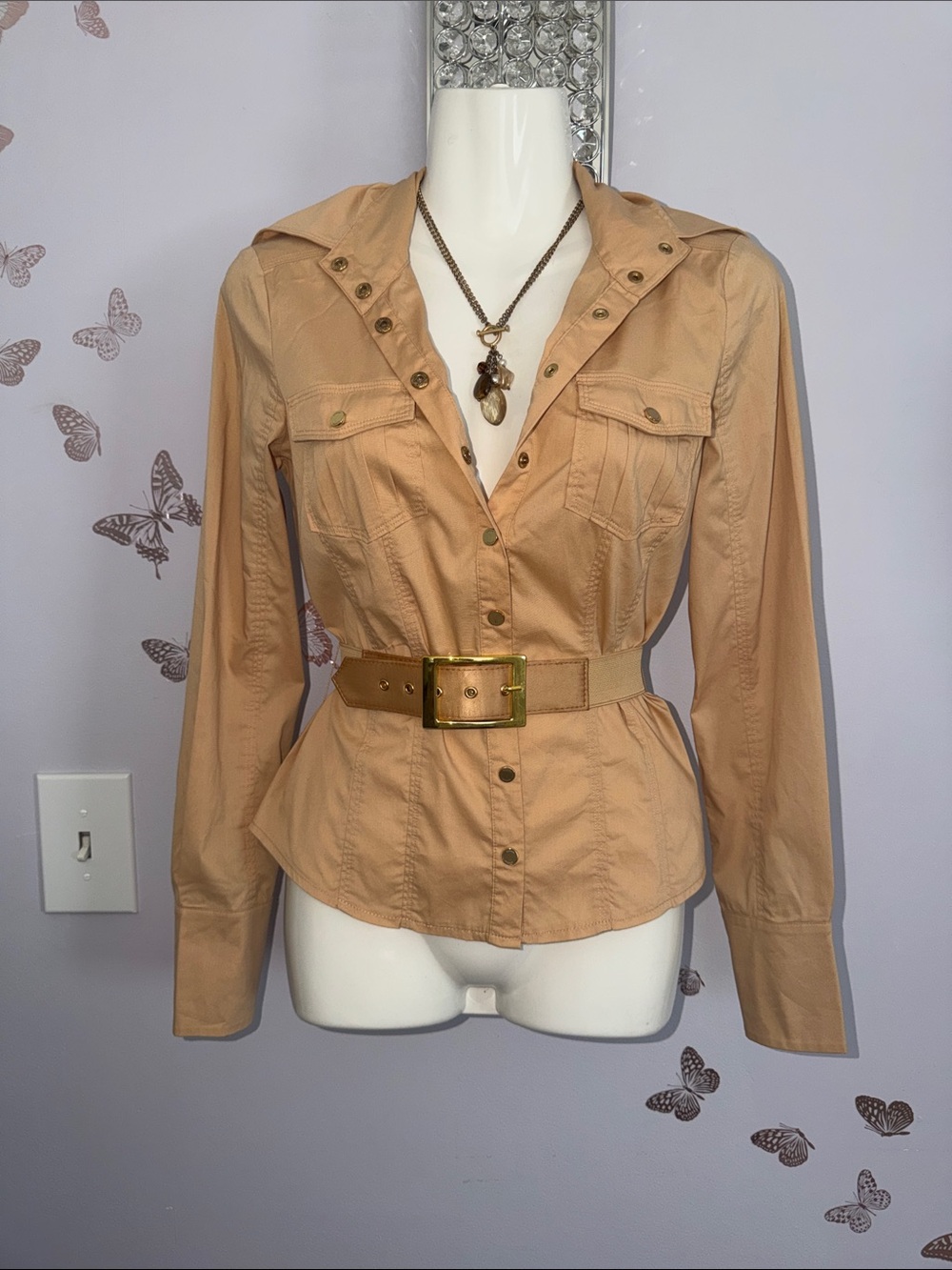 Tan Bebe Utility Button-Front Shirt with Belt